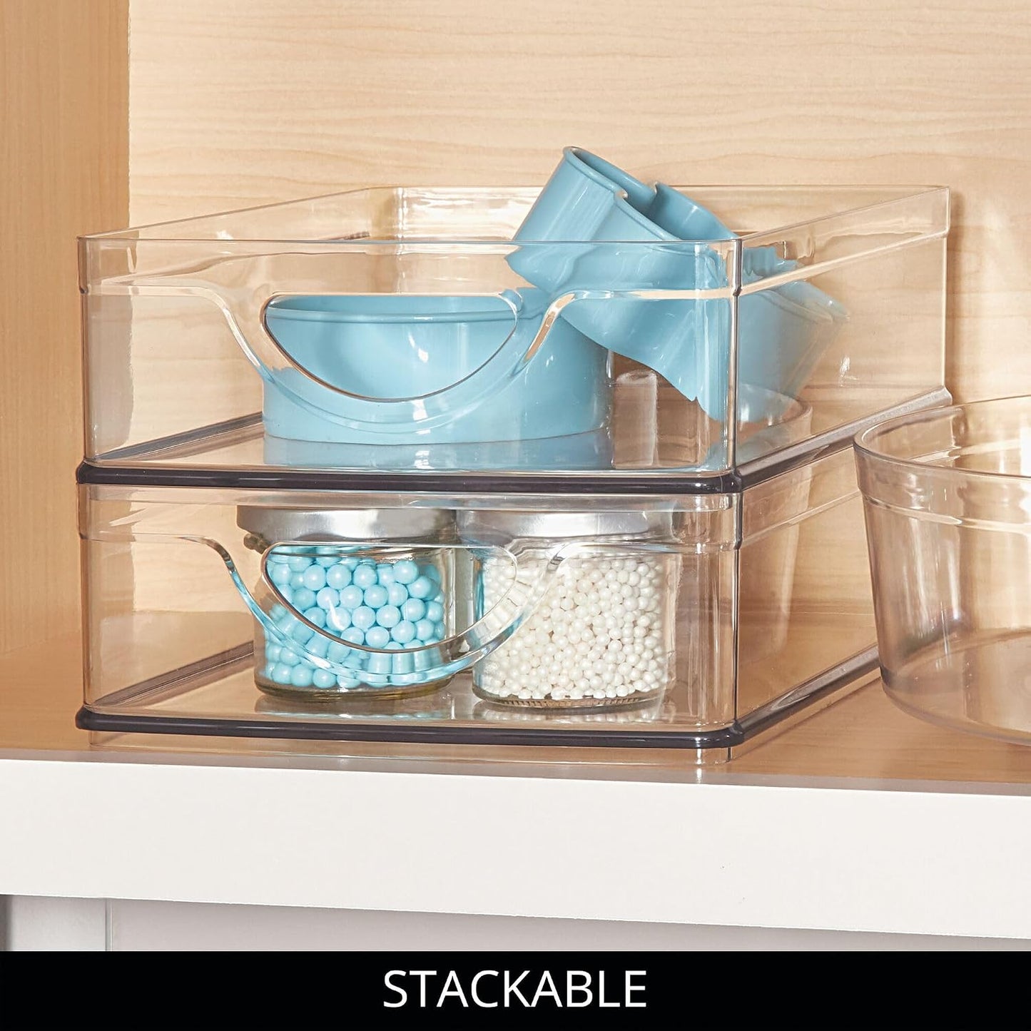 iDesign Plastic Stackable Pantry Bin - Storage Bin with Handles for Cabinets or Fridge - Set of 2 - Clear