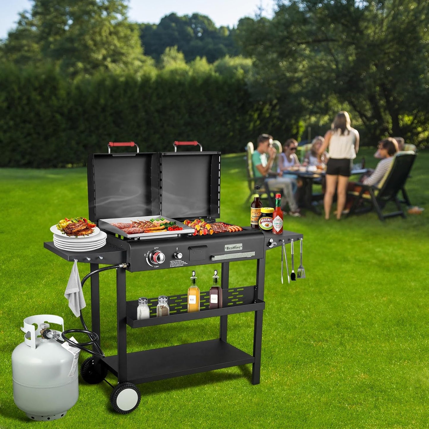 Bestfire Dual Fuel Propane Gas Charcoal Grill Combo Black Dual Lids, Flat Top Grill With 2 Side Shelves for BBQ, Outdoor and Backyard Cooking