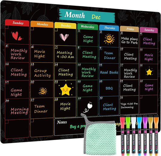 MaxGear Black Weekly Dry Erase Board,16"x12" Magnetic Whiteboard Meal Planner Blackboard for Fridge, Chalkboard Calendar Menu Planning Board Notepad for Kitchen with 7 Markers and 1 Eraser