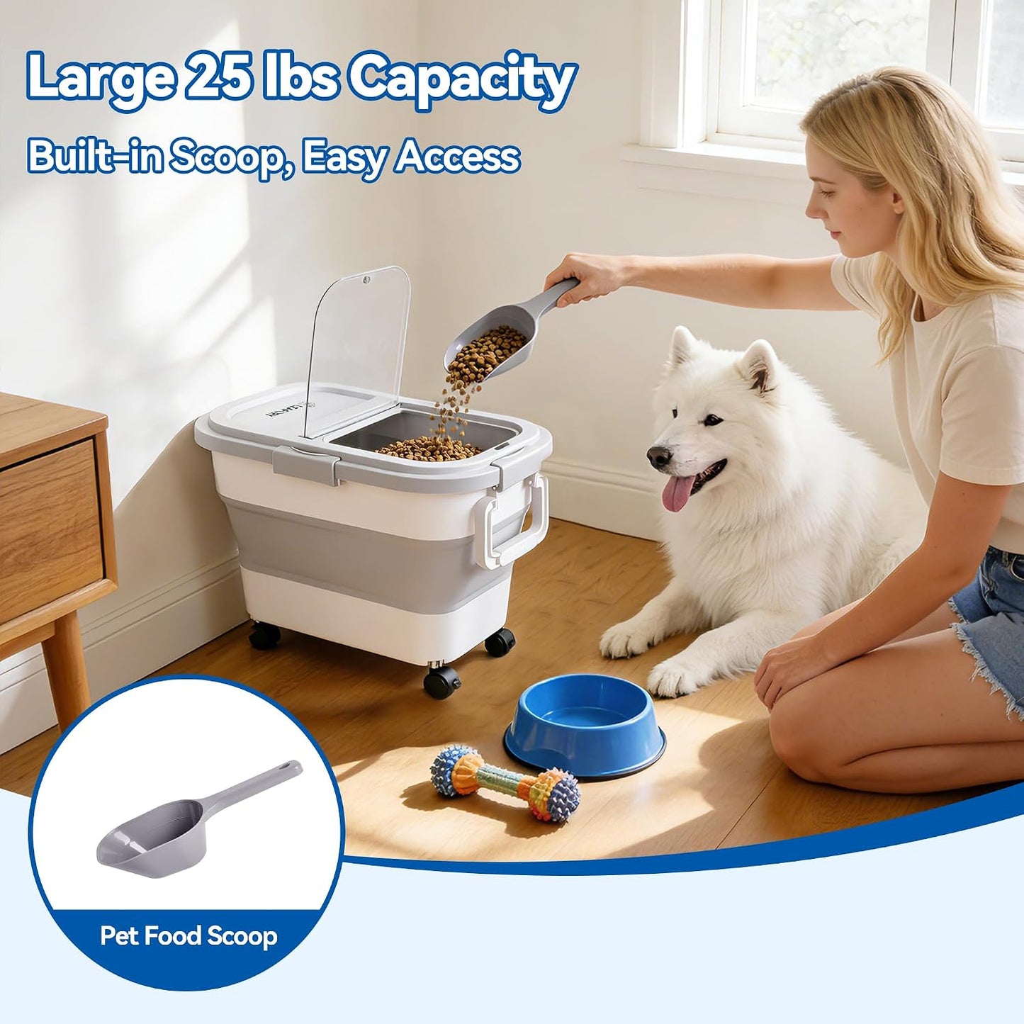 Dog Food Storage Container 20-25lbs, Airtight Pet Food Bin with Locking Lid & Clear Window, Collapsible Rolling Storage Container with Wheels & Scoop, Black