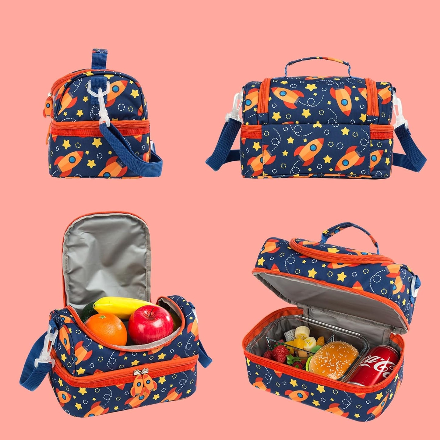 Insulated Kids Dual Compartment Lunch Bags Tote Pack for Girls Boys Toddler Kindergarten School Picnic Cooler Thermal Lunch Boxes with Strap (Green Rainbow)
