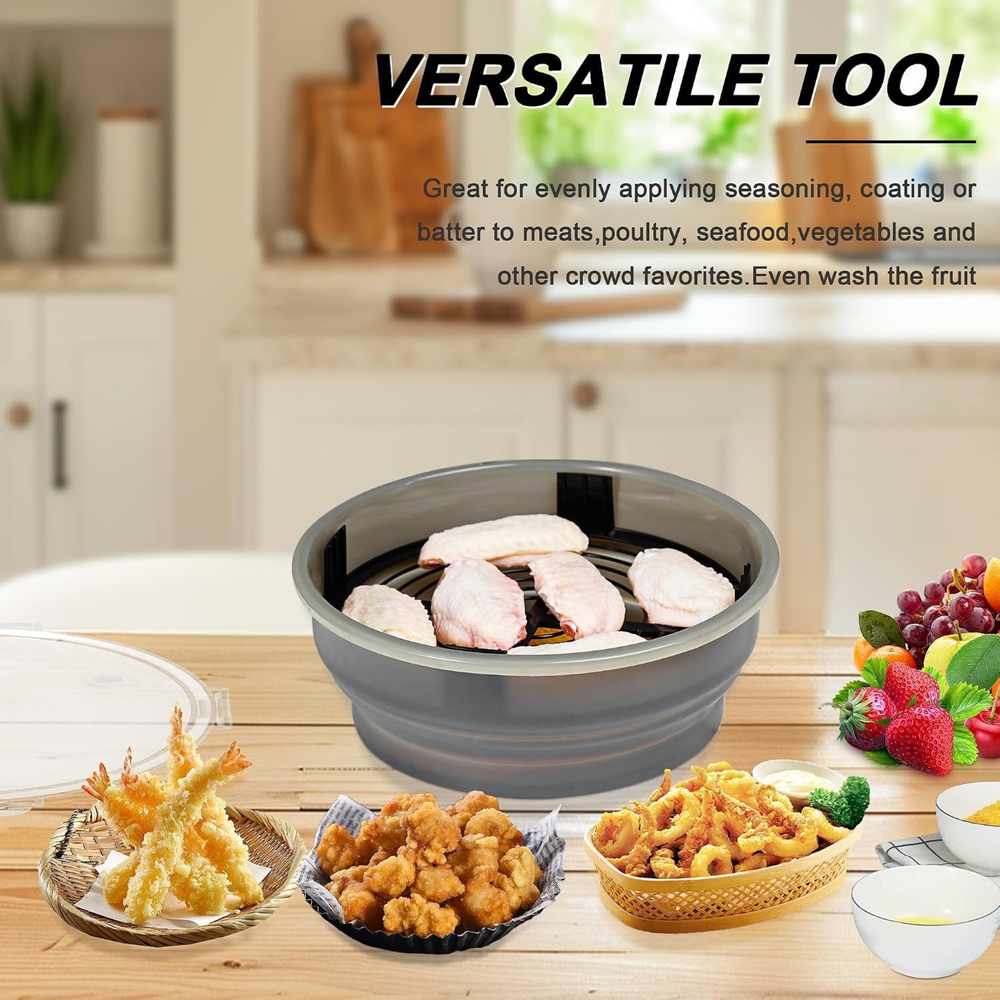 FJNATINH Collapsible Batter Bowl - Mess Free Better Breader Shaker Bowl with Lid Breading Shaker Container for Fried Fish, Fried Chicken, Onion Rings & More,No Leak,Easy to Store,Light Blue