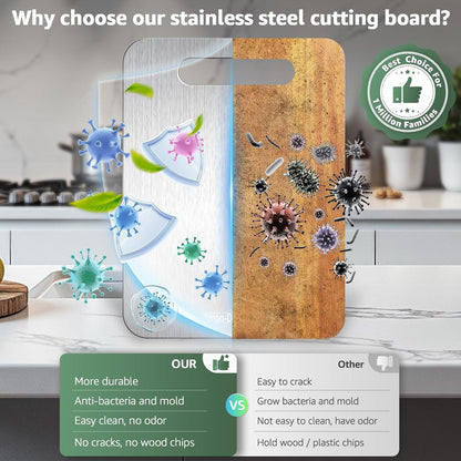Stron-Dura Small Stainless Steel Cutting Board for Kitchen, 11.5" x 8" Food Grade Metal Chopping Board, Non Toxic Dishwasher Safe, Double Sided Odorless, Cutting Board for Meat Veggies Camping