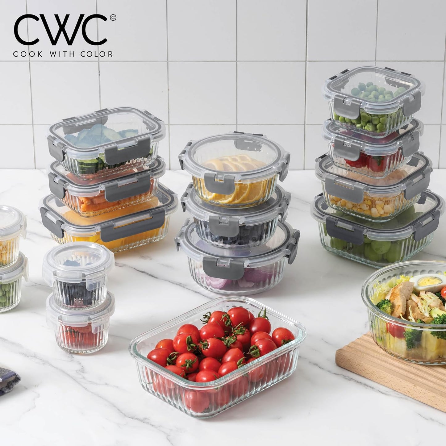 COOK WITH COLOR Premium 32-Pc. Borosilicate Glass Food Container Set with Dividers - 4 Rectangles, 8 Rounds, 4 Squares - Leakproof Lids - Meal Prep, Storage, Grey