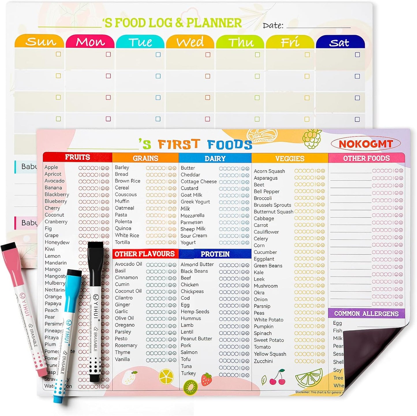 101 Foods Before 1 Checklist Magnet – Baby Food Chart & First Foods Fridge Magnet – Baby First Foods Tracker with Weekly Meal Planner – Dry Erase Baby Food Tracker Fridge Magnet with 3 Markers