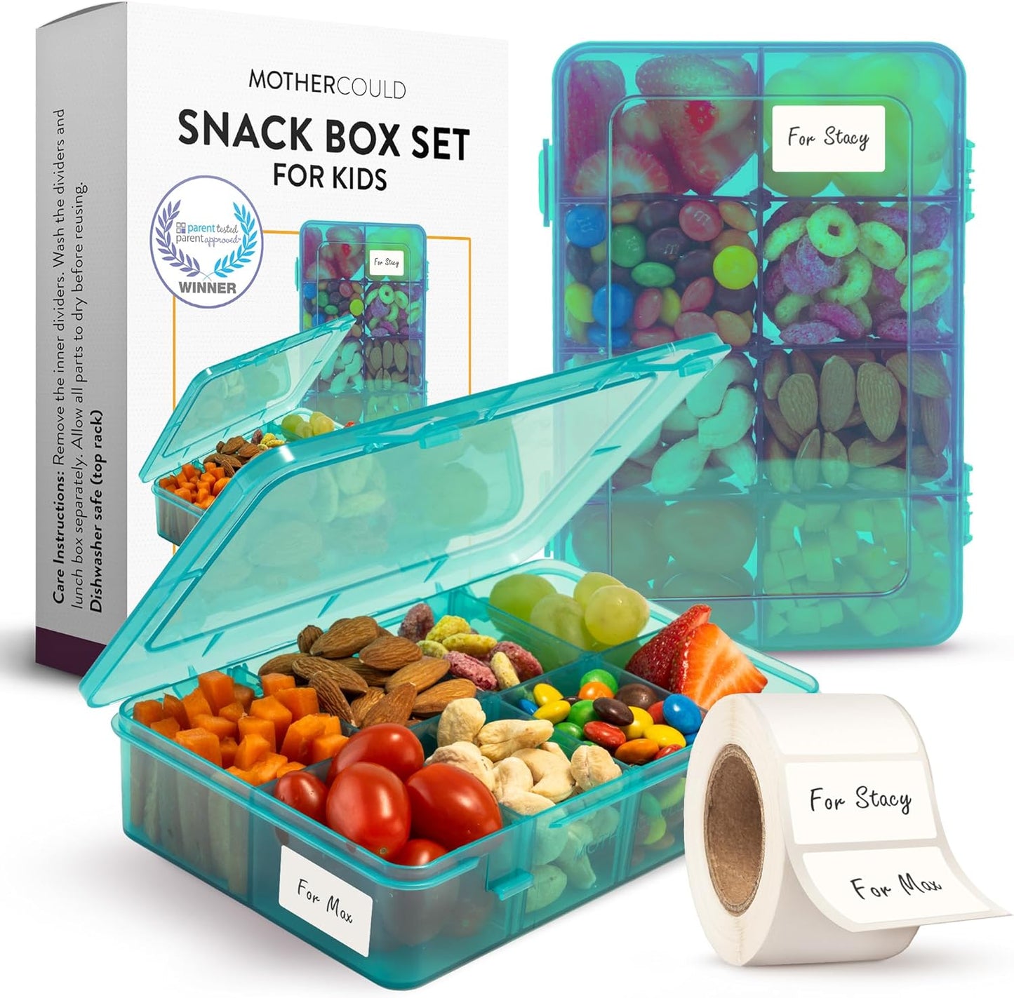 Large Kids Snack Box Containers Set of 2 -100 Labels, BPA-Free, Adjustable Compartments, Dishwasher Safe, Reusable Tray, Food Grade, Meal Prep Container, PARENT TESTED PARENT APPROVED AWARD (Clear)