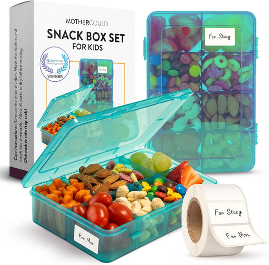 Large Kids Snack Box Containers Set of 2 -100 Labels, BPA-Free, Adjustable Compartments, Dishwasher Safe, Reusable Tray, Food Grade, Meal Prep Container, PARENT TESTED PARENT APPROVED AWARD (Clear)