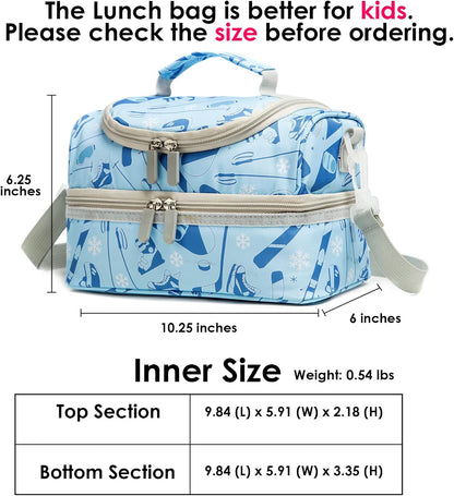 Insulated Kids Dual Compartment Lunch Bags Tote Pack for Girls Boys Toddler Kindergarten School Picnic Cooler Thermal Lunch Boxes with Strap (Green Rainbow)