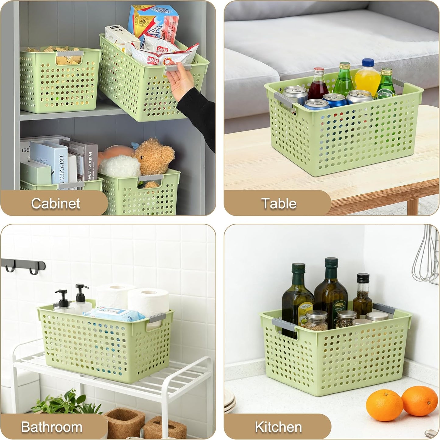 Soddeph 4 Pack Plastic Deep Storage Basket with Handles, Cubbies Organizer Bins with Hollow Design for Under Counter, Closet, Kitchen or Bathroom 12.3" × 8.7" × 6.9"(White, Medium)