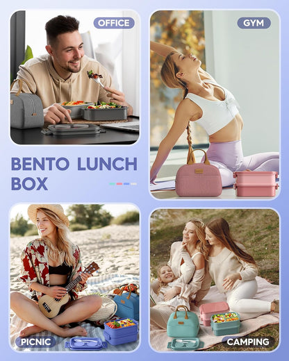 KEMETHY Adults Bento Lunch Box Set with Thermo Bag, 74oz Stackable Leak-proof 3-tiers Bento Box, Built-in Utensil and Sauce Container for Work, School, Dining Out (Gray)