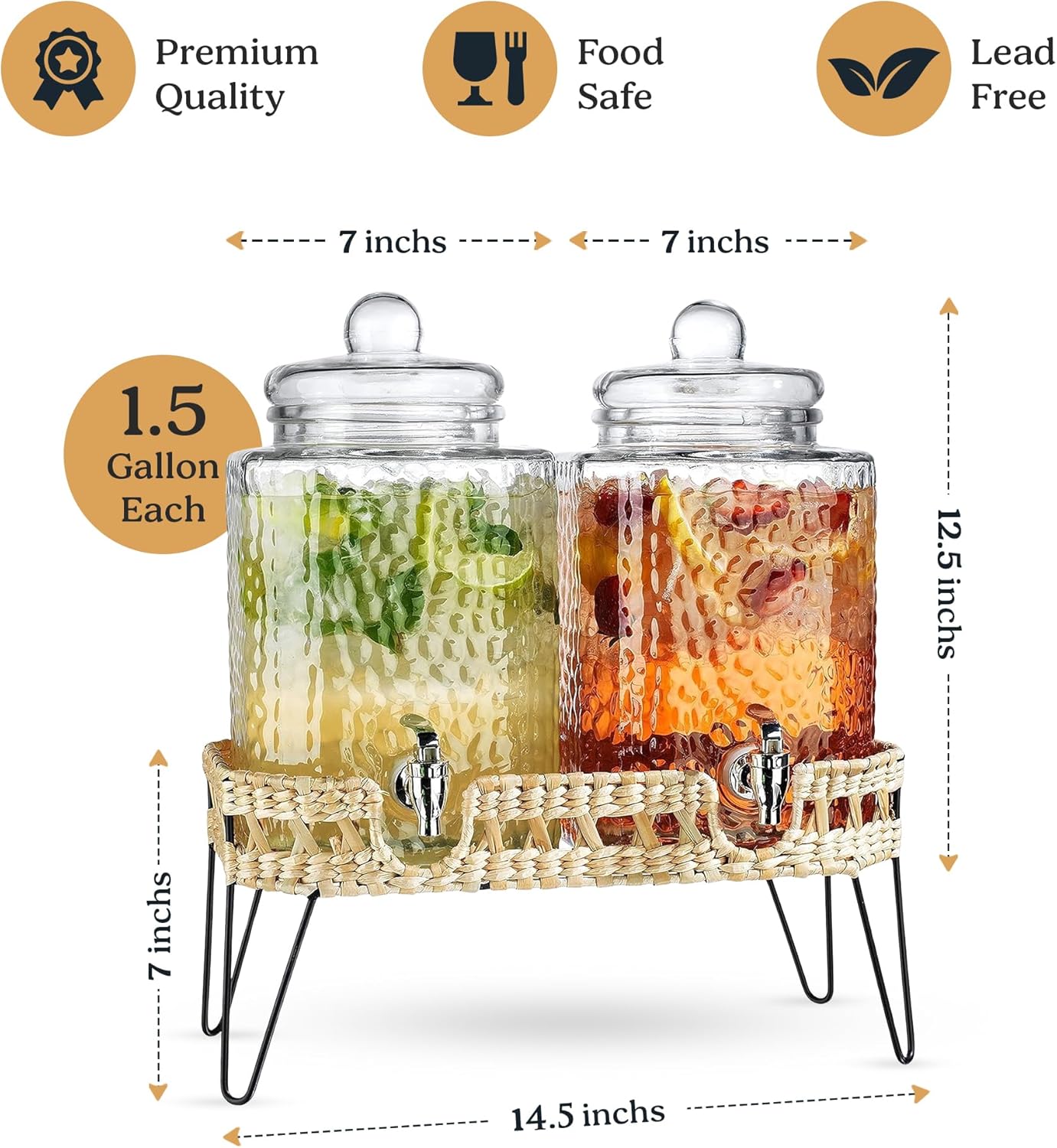3 Gallon Glass Drink Dispenser with Metal Stand & Lid – Hammered Beverage Dispenser with Leakproof Spigot, Wide Mouth for Easy Fill – Ideal for Parties, Lemonade, Iced Tea, Sangria & More