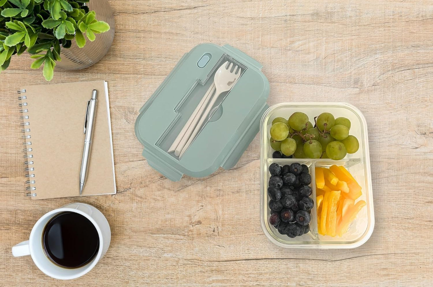 THY COLLECTIBLES Set of 3 36 OZ Glass Lunch Storage Containers with Lids and Utensils, Microwave Safe, Leak Proof, Freezer to Oven Safe for Meal Prep, Leftovers, Cooking, Bento Box (3 Compartments)