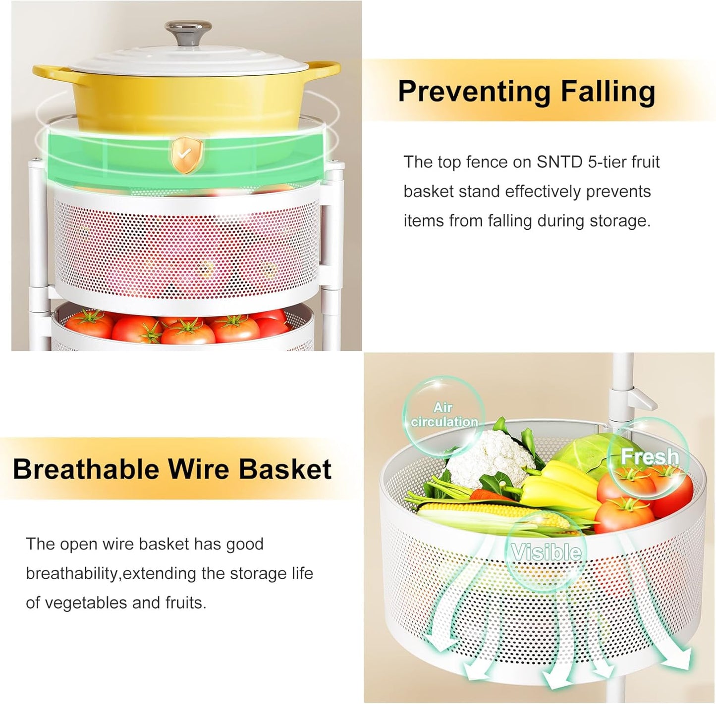 SNTD Fruit and Vegetable Basket Bowls for Kitchen with Metal Top Lid, 5 Tier Rotating Storage Rack Cart for Potato Onion Bread Banana, Wire Basket Organizer on Wheels, Large, Black