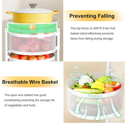 SNTD Fruit and Vegetable Basket Bowls for Kitchen with Metal Top Lid, 5 Tier Rotating Storage Rack Cart for Potato Onion Bread Banana, Wire Basket Organizer on Wheels, Large, Black
