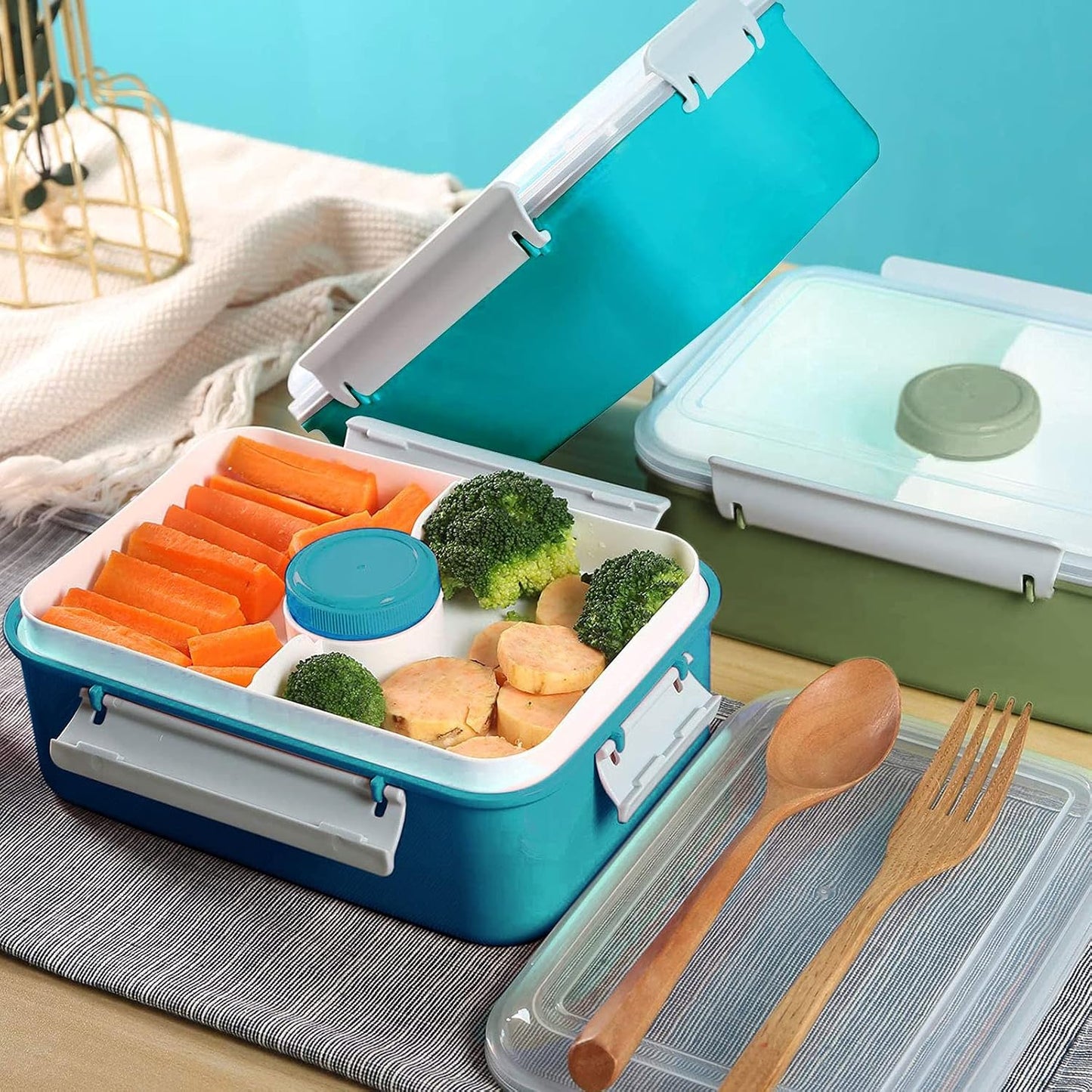 3 Pack Salad Lunch Box Food Storage Containers, 47oz Bento Box To Go Container with Lids, Reusable Meal Prep Containers with Removable Tray & Dressing Pots for Kids and Adults, Microwave Safe