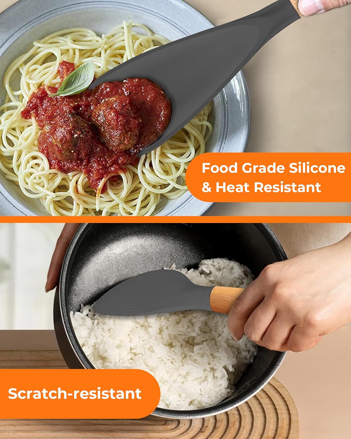 Cooking Spoon Multifunction Spoonula Silicone Spatula Spoon 2-Pack, Dual-Use Heat Resistant 446°F, BPA-Free Non-Toxic Wooden Handle Rice Spoon Set for Non-Stick Cookware & Rice Cookers (Black)