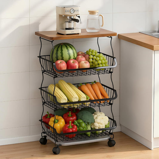 VECELO 4-Tier Fruit Basket with Wheels, Fruit and Vegetable Storage Cart for Kithchen, Stackable Produce Organizer Wire Baskets for Kitchen, Pantry, Living Room