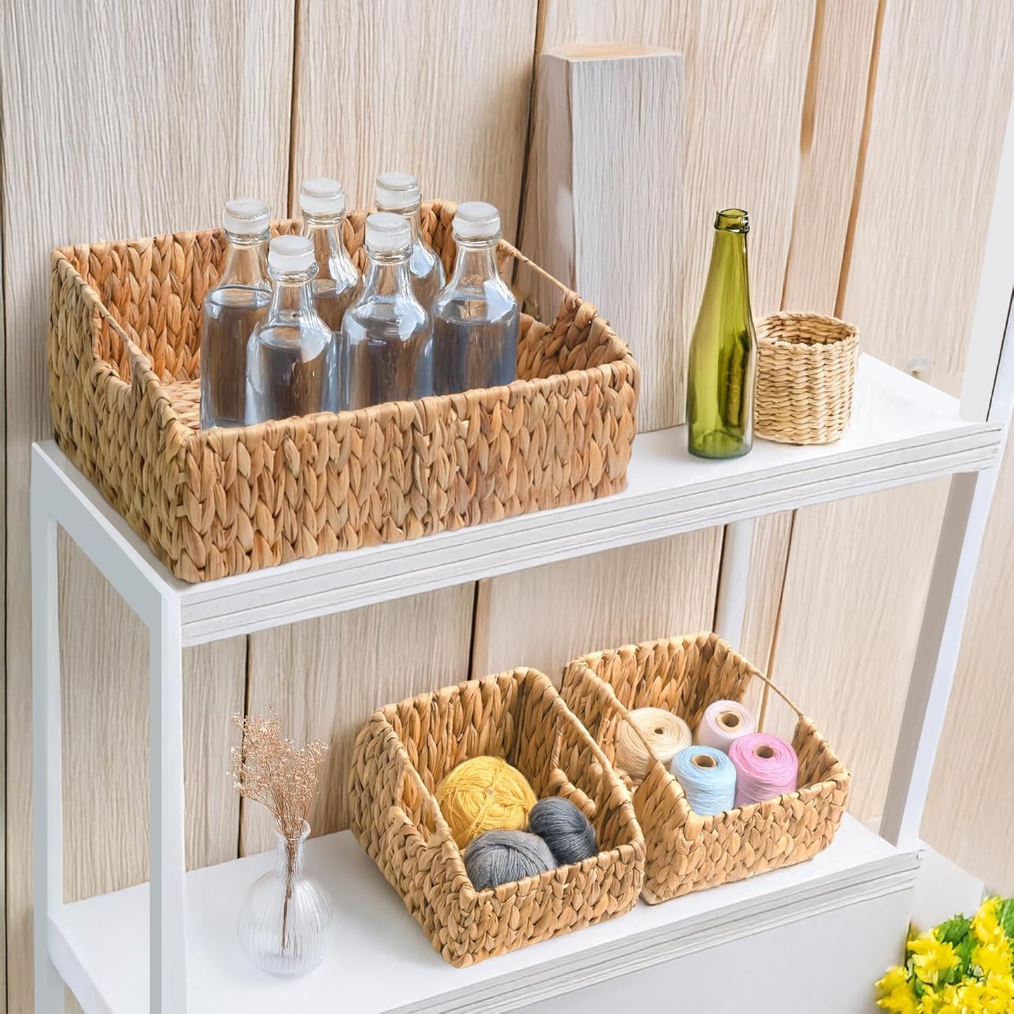 KOKODO 2-Pack Open Front Pantry Baskets, Handwoven Water Hyacinth Wicker Storage Baskets with Built-in Handles, Organizing Bins for Shelves