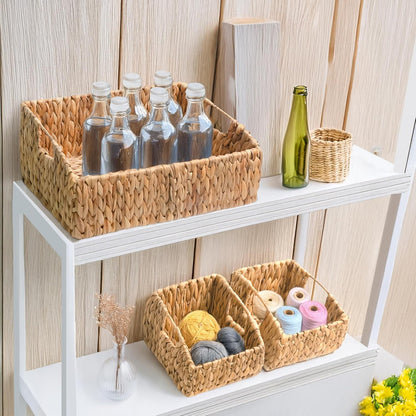 KOKODO 2-Pack Open Front Pantry Baskets, Handwoven Water Hyacinth Wicker Storage Baskets with Built-in Handles, Organizing Bins for Shelves