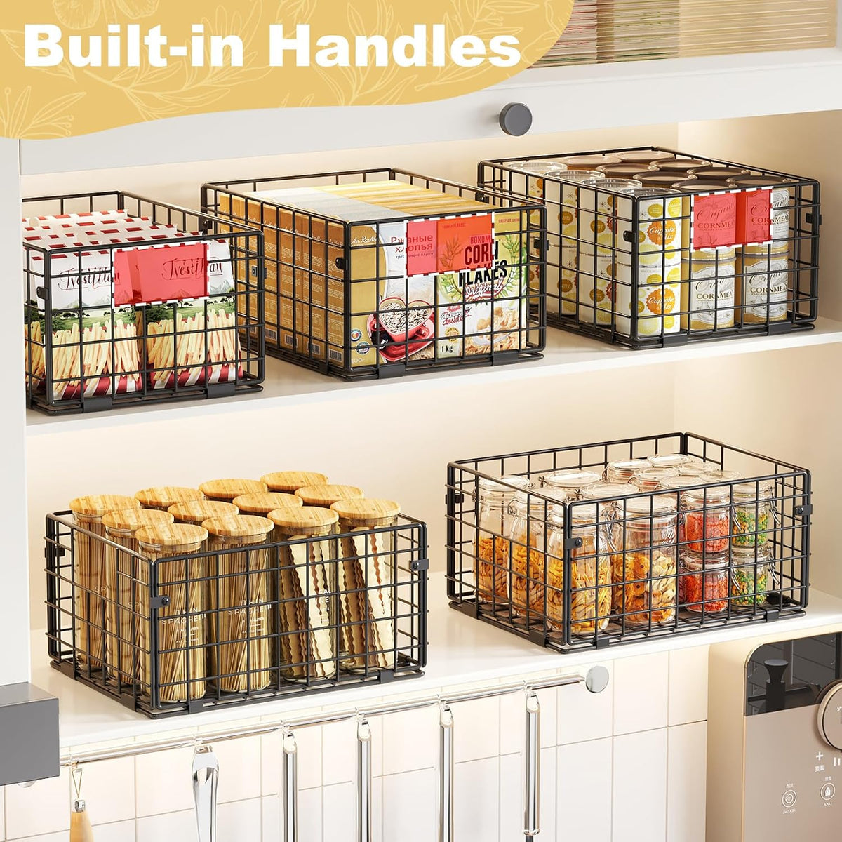 X-cosrack Metal Wire Basket Pantry Baskets Foldable Cabinet Organizers with Handles-6 Pack-12"x9"x6", Food Storage Freezer Organizer Bins for Kitchen Bathroom Laundry Closet Garage - Patent Design