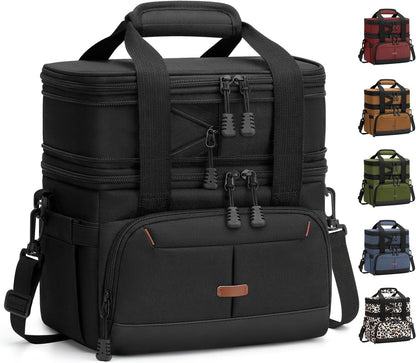 Pritent Lunch Box For Men Women Double Deck Insulated Lunch Bag For Men Woman Leakproof Expandable Cooler Bag with Adjustable Shoulder Strap for Kids Shool Work Picnic Camping(Beige,Large)