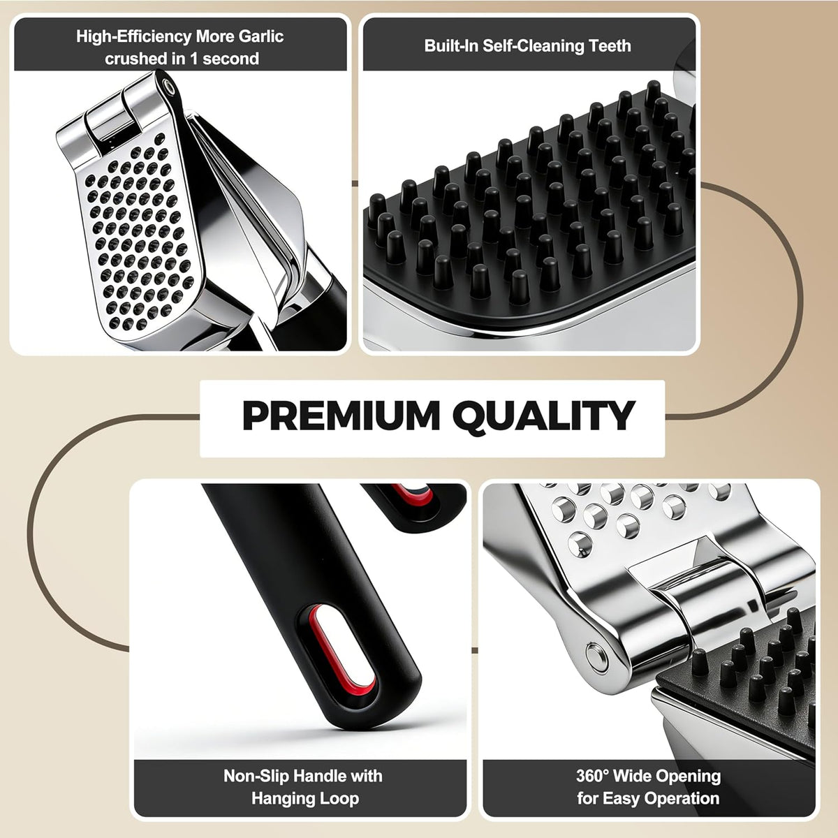 3WAVES Heavy-Duty Garlic Press, Built-In Cleaner, Ergonomic SoftGrip Handle