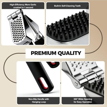 3WAVES Heavy-Duty Garlic Press, Built-In Cleaner, Ergonomic SoftGrip Handle