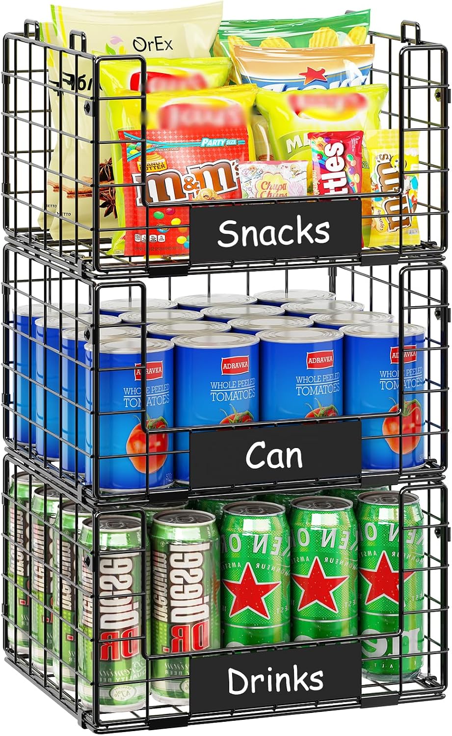 JKsmart 3 Pack XXL Stackable Wire Baskets with Handles for Pantry Storage and Organization, Fruit and Vegetable Basket with Name Plates, Metal Storage Bins for Snack Can Fruit Veggies, XXL