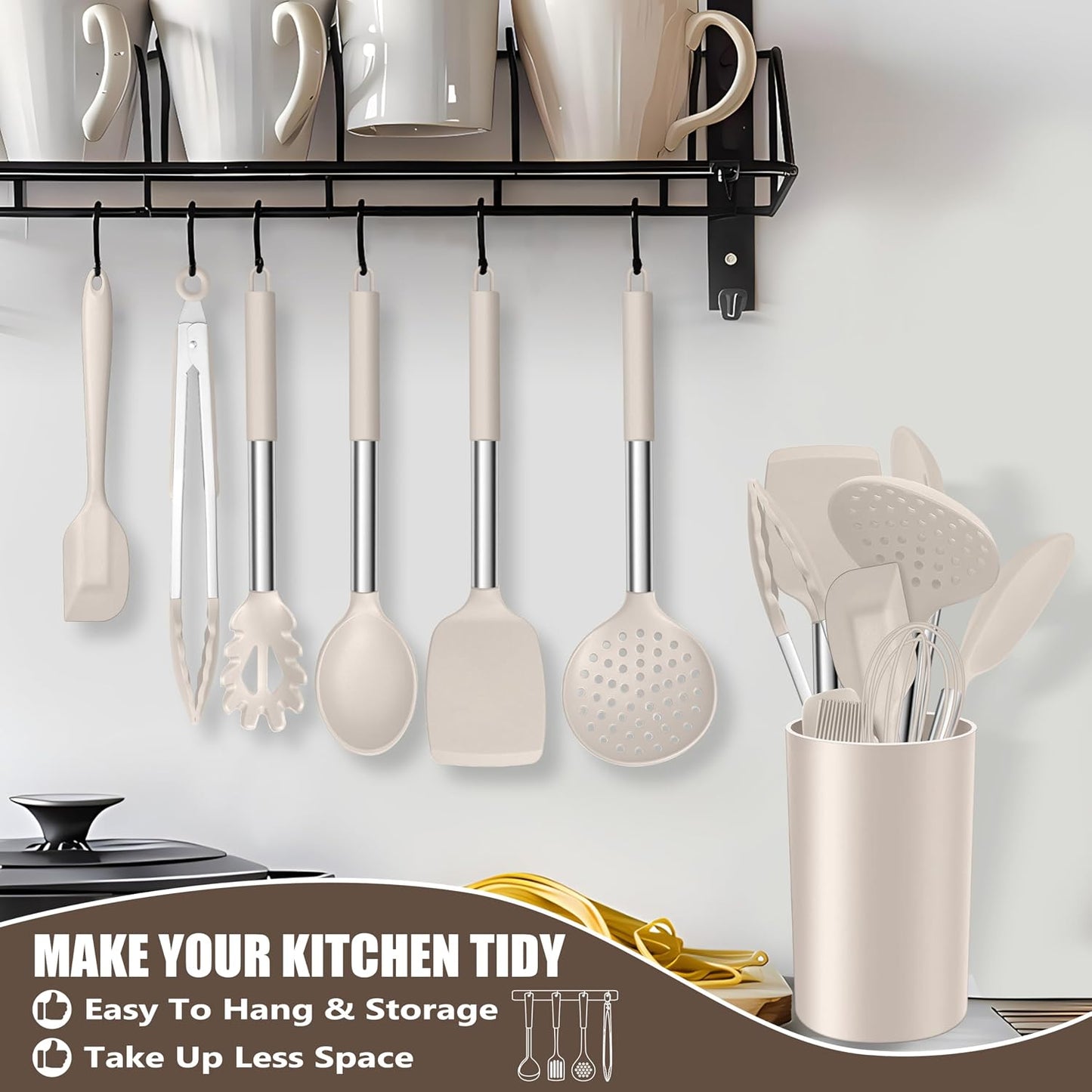 E-far 14 Pieces Silicone Cooking Utensils Set, Kitchen Utensils Set with Holder, Spatula, Ladle, Spoon, Tong, Slotted Turner for Nonstick Cookware, Heat Resistant & Stainless Steel Handle, Black
