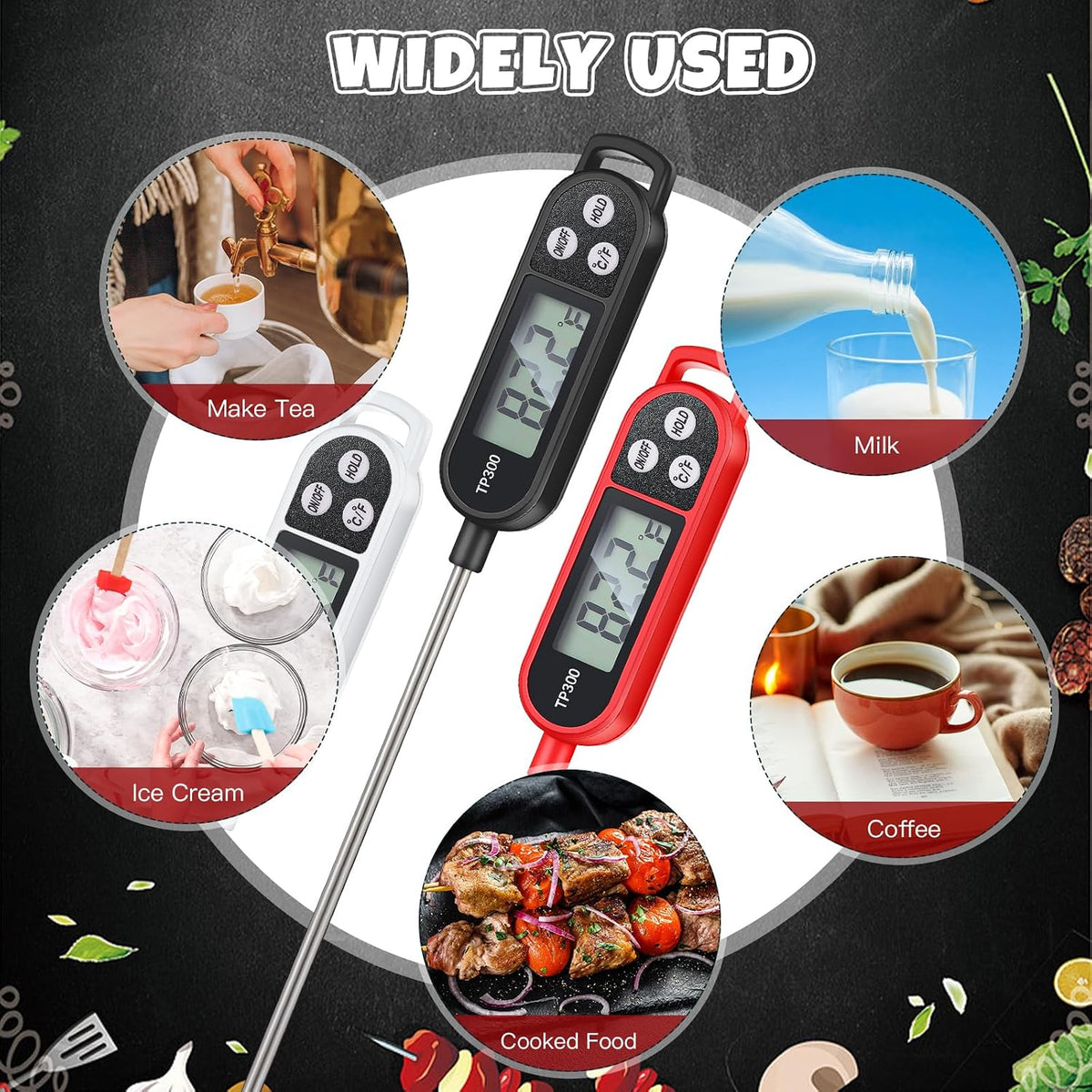 Copkim Instant Read Meat Thermometer Long Probe,Black, White, Red