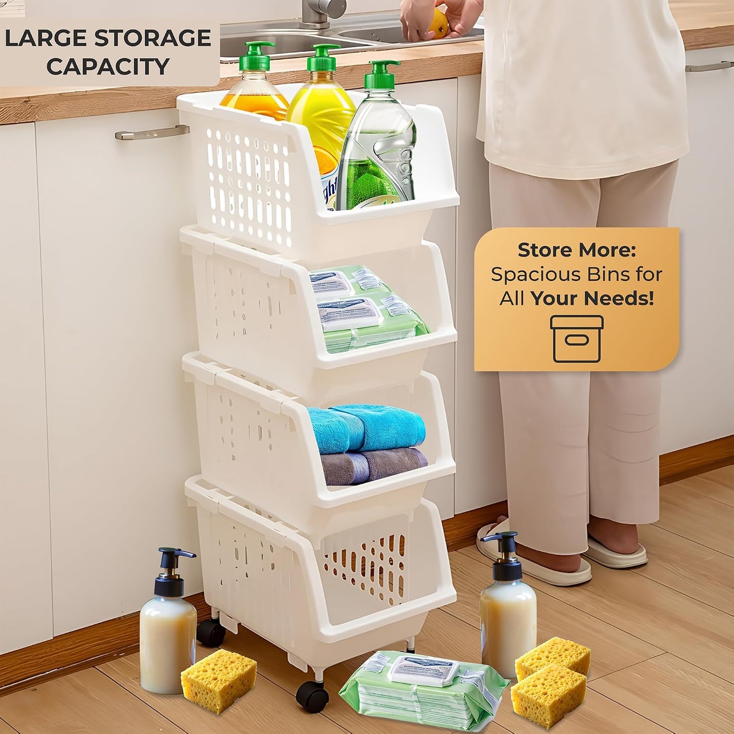 TidyFriend Plastic Stackable Storage Bins Clear - 4 Pack Large Open Front Bins For Toy Organizers and Pantry, Kitchen, Bathroom Essentials