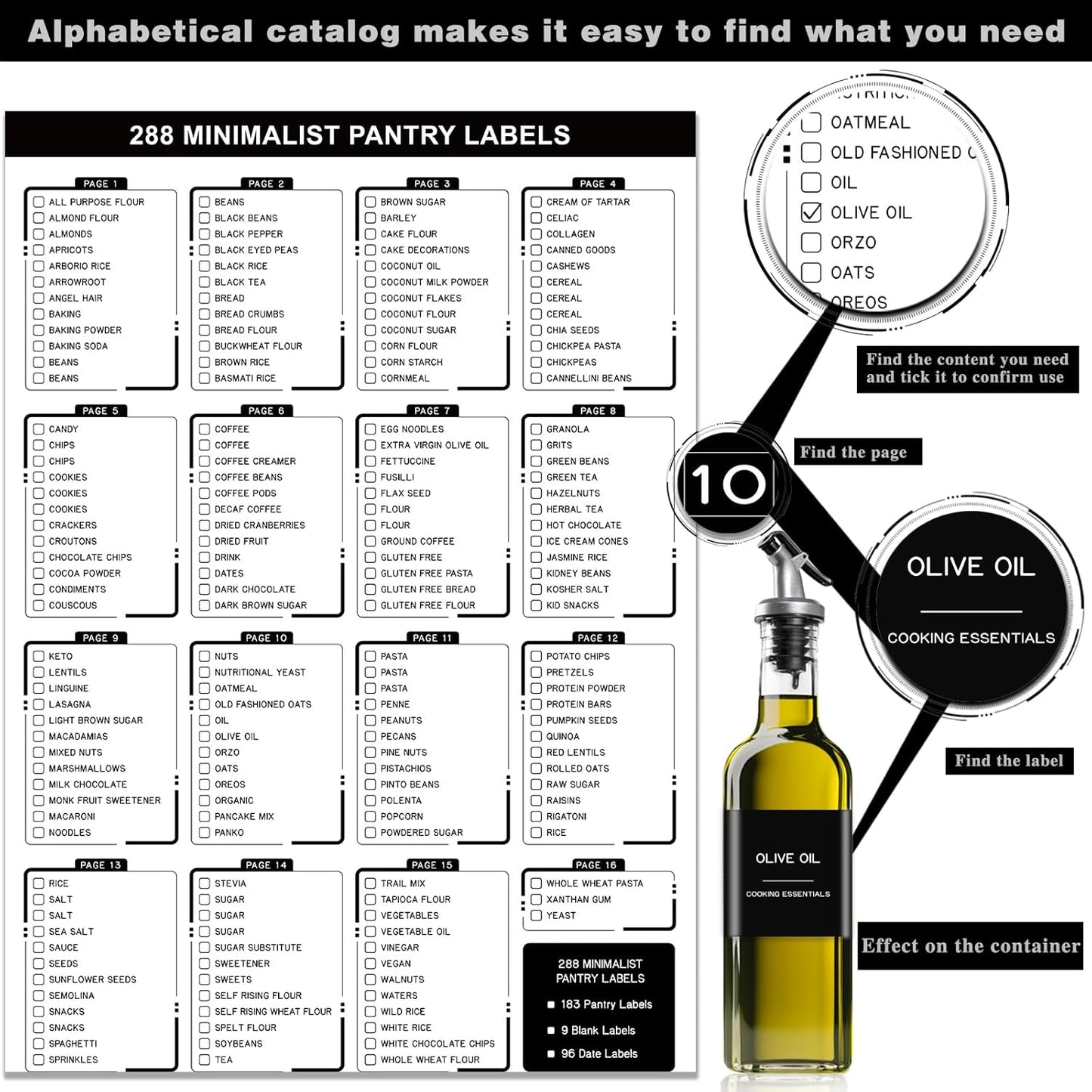 288 Pantry Labels for Food Containers, Black Preprinted Minimalist Waterproof Stickers for Organizing Storage Bins, Jars and Kitchen