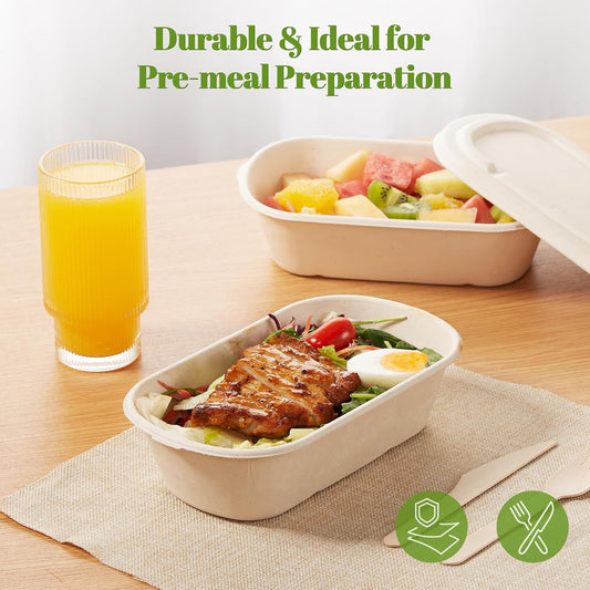 [100% Eco-Friendly] 34 oz Disposable Food Containers with Lids – Sugarcane Pulp Take Out Containers, Biodegradable Lunch Box, Compostable and Microwave Safe To-Go Boxes for Meal Prep – Pack of 50