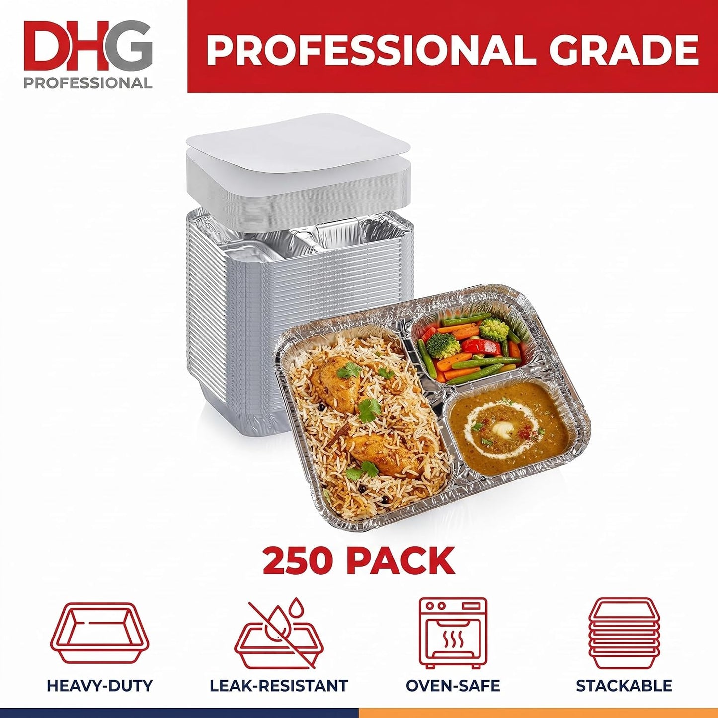 Disposable Aluminum Foil Tray with Paper Board Lids (Case of 250 sets) – L 8 1/2" x W 6 1/2" x H 1 1/2" 3-Compartment Foil Pan