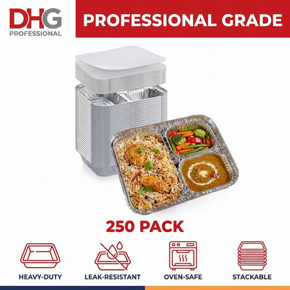 Disposable Aluminum Foil Tray with Paper Board Lids (Case of 250 sets) – L 8 1/2" x W 6 1/2" x H 1 1/2" 3-Compartment Foil Pan