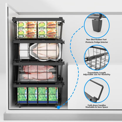Freezer Organizer Bins, 6-Pack for Chest Freezers | Stackable & Expandable Storage Container with Handles | White Foldable Baskets for 10-20 Cu. Ft. | for Sorting Frozen Meats