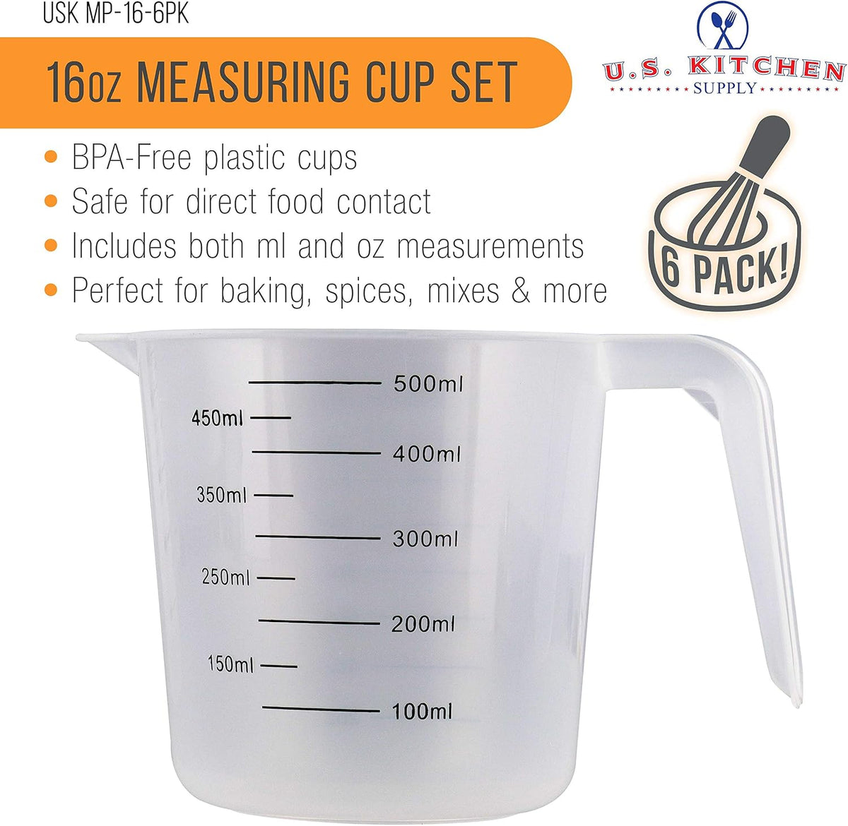 U.S. Kitchen Supply Plastic Measuring Cups with Handles - 16 oz (500 ml)