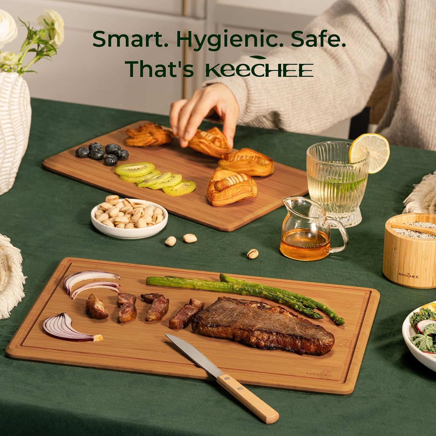 Keechee Cutting Board with Non-slip Mat, Bamboo Cutting Board for Kitchen Meal Prep & Serving - Wood Serving Board Set with Deep Juice Groove Ideal Kitchen Gifts