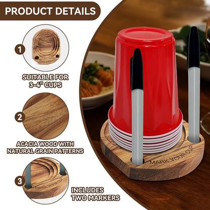Party Cup Holder with Marker Slot, Acacia Wood Bathroom Cup Dispenser Mark Your Cup and Drink Up, Hosting Essential to Prevent Mix-Ups & Mark Your Cup for Birthdays, BBQs, Holiday Events
