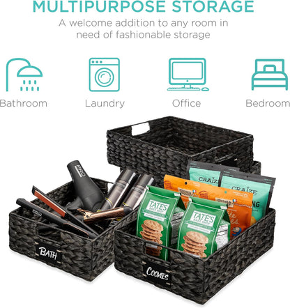 Best Choice Products Set of 4 9x12in Water Hyacinth Pantry Baskets, Woven Organizers w/Chalkboard Label, Chalk Marker - Natural