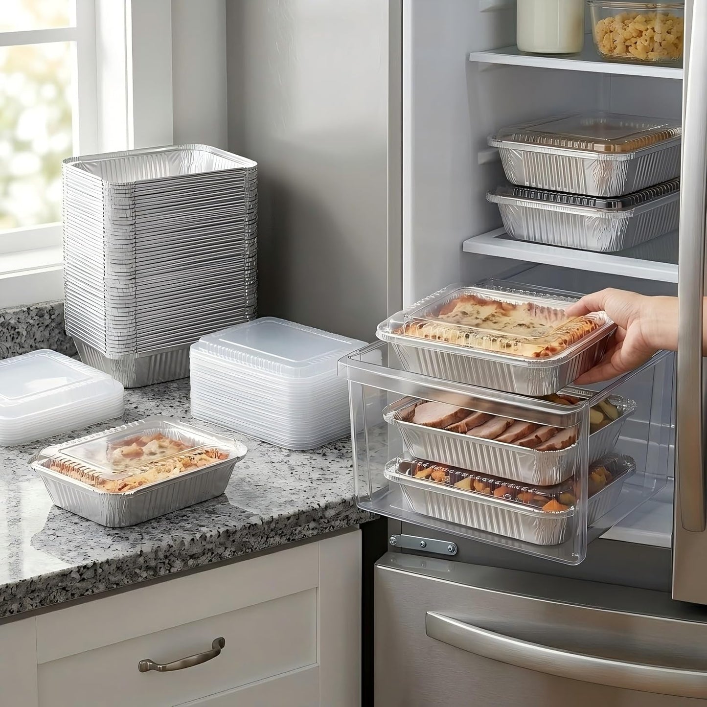 50 Pack Aluminum Pans with Cardboard Lids, 8.3"x6.2", 2.25 LB | Heavy duty disposable foil containers, trays for baking, meal prep, roasting, food storage