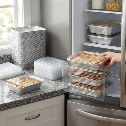 50 Pack Aluminum Pans with Cardboard Lids, 8.3"x6.2", 2.25 LB | Heavy duty disposable foil containers, trays for baking, meal prep, roasting, food storage