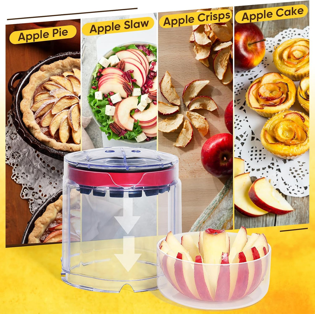 Newness 5.12-Inch Apple Slicer – Extra-Large, Ultra-Safe Stainless Steel Cutter for 8 Perfect Slices, Effortless Cutting, Cuts All the Way Through with Transparent Bowl