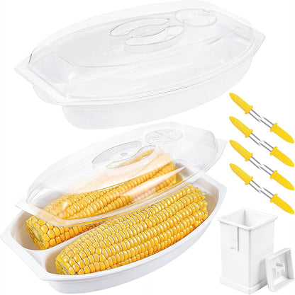 Aneco 2 Piece Microwave Corn Steamer with Lid for Frozen Corns Broccolini Vegetables Dishwasher Safe Corn on The Cob Cooker Holders Butter Dispenser, White