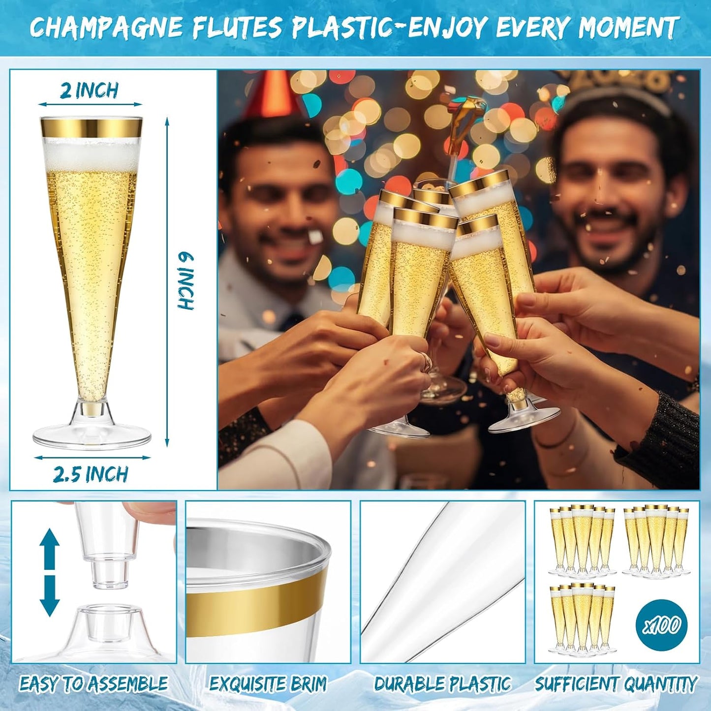 meekoo 104 Pcs Ice Buckets for Parties Set, 2 Pack 5.5l Clear Beverage Tub, 100 Pack 4.5oz Plastic Champagne Flutes, 2 Ice Scoops, Mimosa Bar Drink Supplies for Beer Wine Champagne Juice(Clear)