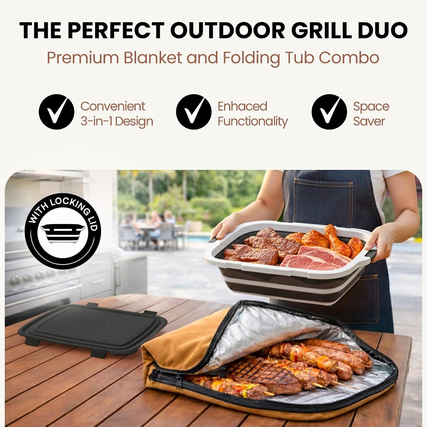 BBQ Prep Tub with BBQ Blanket, 16L Multifunctional Camping Cutting Board with Locking Lid, Reusable Meat Resting Bag for Smoking, Collapsible Dish Basin for Marinating Food (Large 16L)