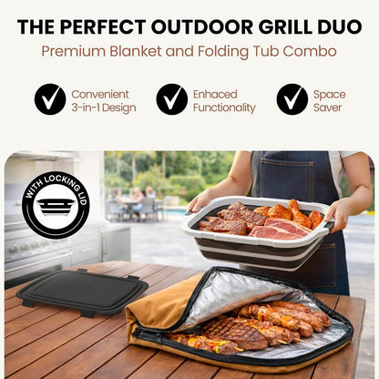 BBQ Prep Tub with BBQ Blanket, 16L Multifunctional Camping Cutting Board with Locking Lid, Reusable Meat Resting Bag for Smoking, Collapsible Dish Basin for Marinating Food (Large 16L)