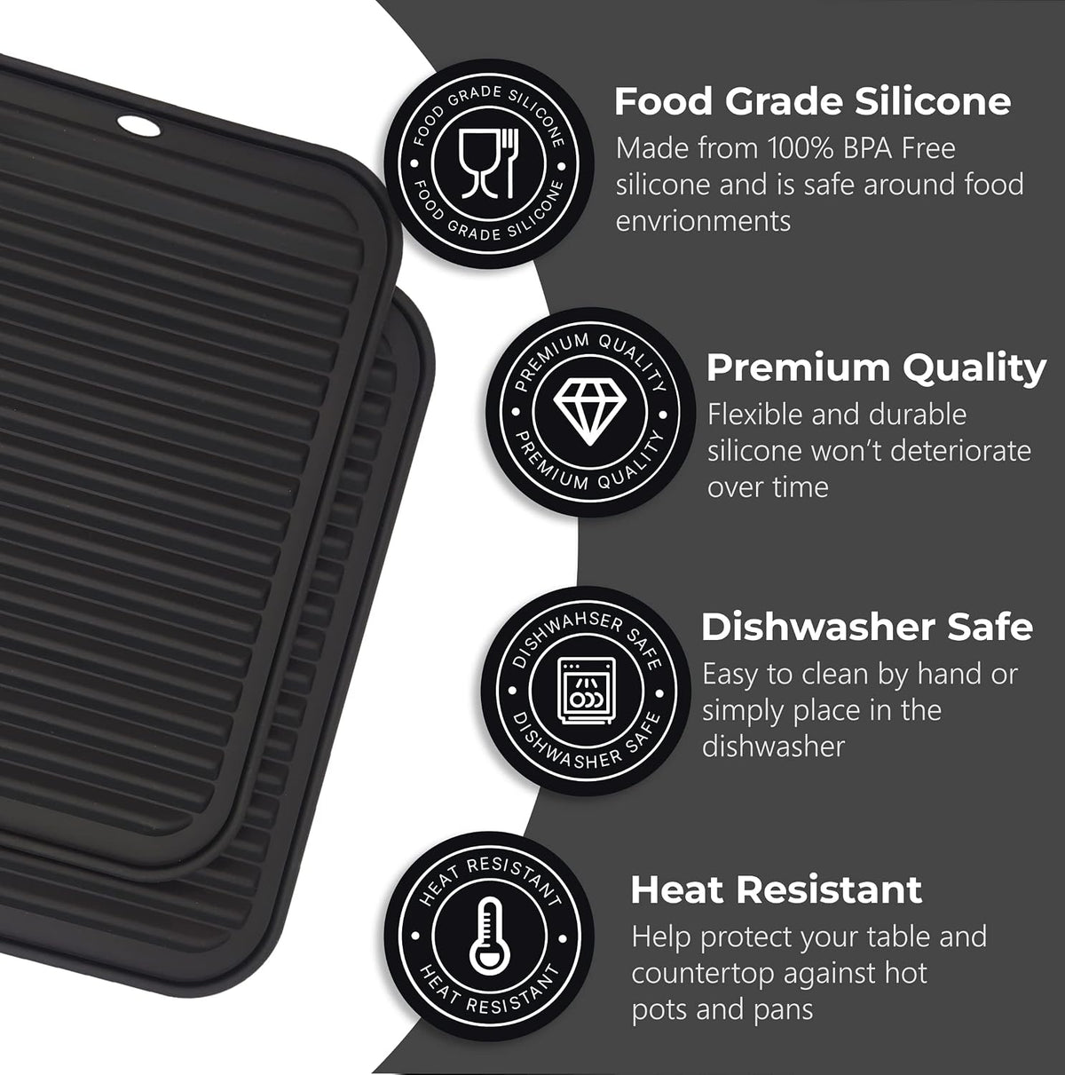 Silicone Trivets for Hot Dishes, Pots, Pans (2 Pack) - Heat-Resistant Pot Holders for Kitchen Countertop Mats - Silicone Trivet Mat (9 x 12 Inch) - Multipurpose Counter Pads (Black)