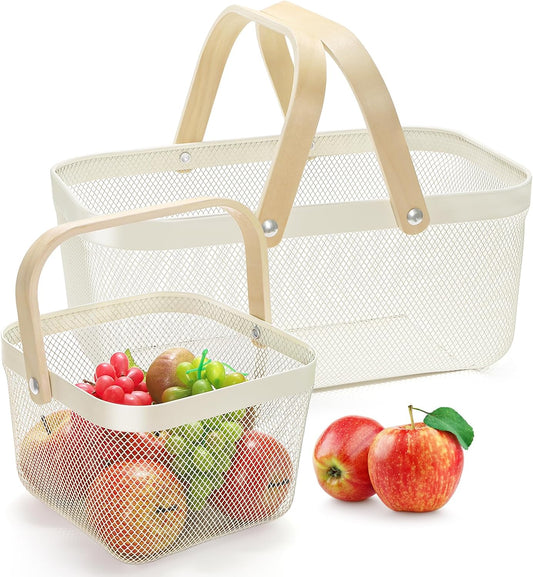 ZEAYEA 2 Pack Harvest Basket with Handle, Garden Baskets for Gathering Vegetables, Multi-functional Metal Mesh Fruit Basket, White Mesh Storage Basket for Picnic Kitchen Garden Cabinet Pantry Bathroom