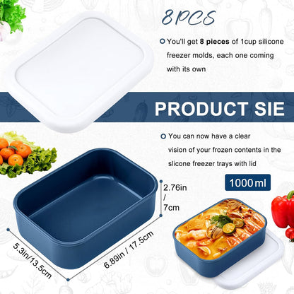 8 PCS 1 Cup Silicone Freezer Molds with Lids, Reusable Leak-Proof Soup Containers, Ice Trays Food Storage Trays for Meal Prep, Soups, Sauces, Stews, Dishwasher Safe(Grey, 250, Milliliters)